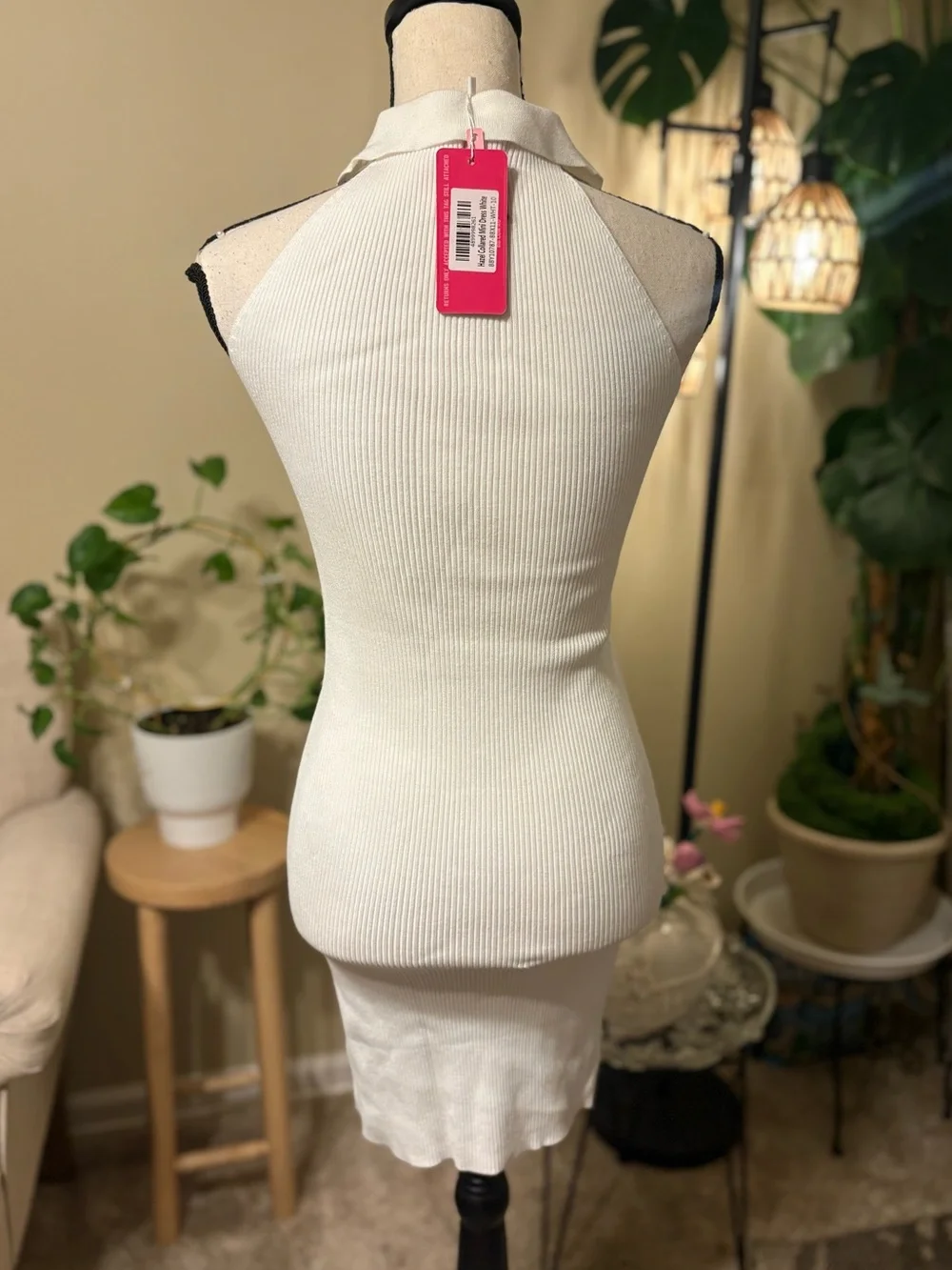 Ribbed Halter Polo Mini Dress in White